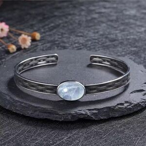 Natural Oval Cut Moonstone 925 Sterling Silver Bangle Bracelet Adjustable